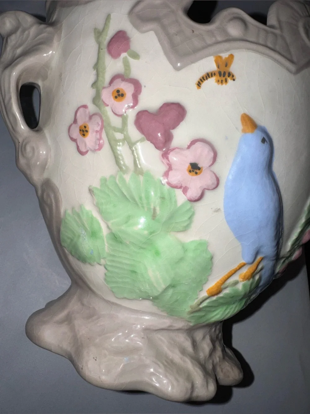Vintage Large Hand-Painted Bird Planter Crackle Vase Blue Bird & Flowers